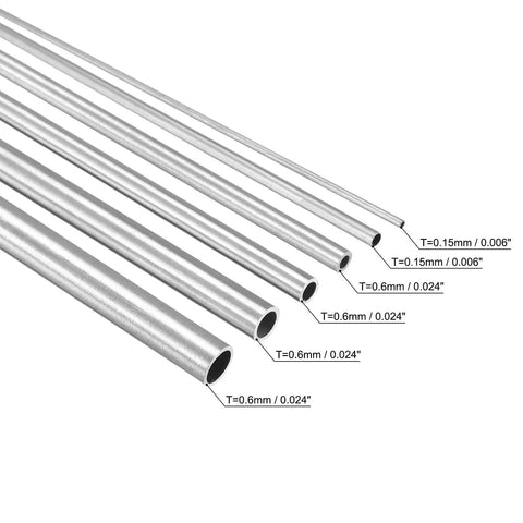 "Set of 304 Stainless Steel Tube, 1mm 2mm 3mm 4mm 5mm 6mm OD 0.15mm/0.6mm Wall Thickness 300mm Length, Pack of 6, displayed on white background"