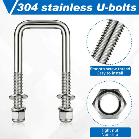 Heavy Duty 4 Piece 304 Stainless Steel Square U Bolts Set for Boat Trailers with Washers Lock Washers Nylon Lock Nuts and Nuts Half Inch Diameter by Two and One Sixteenth Inch Wide by Four and Three Quarters Inches