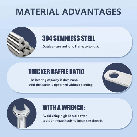 Material advantages of 304 stainless steel U-bolts with thicker baffle ratio and wrench included for Set of 8 M8 U Bolts in 304 Stainless Steel With Nuts Washers and Bolt Plate 50mm Wide by 100mm Long Corrosion Resistant Mounting Hardware for Pipe Bar and Tube.