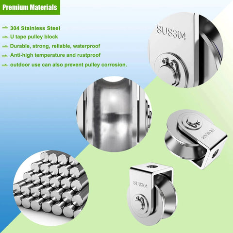 2Pack Pulley Block U 304 Stainless Steel Pulley Roller, 2 Inch Heavy Duty Duplex Bearing Silent Grooved Wheel Loading 880lb/400Kg