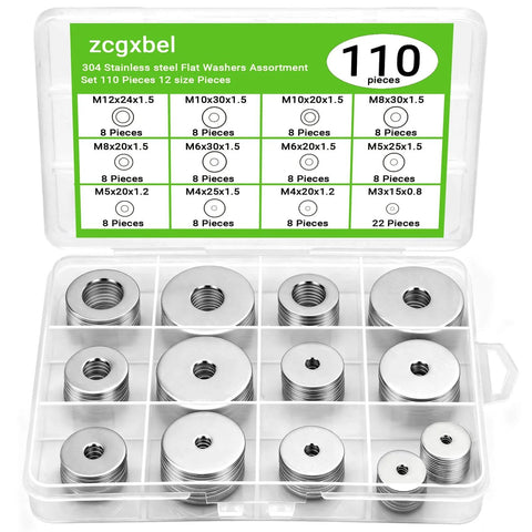 110 Pcs 304 Stainless Steel Metal Flat Washers Assortment Kit in clear box, featuring 12 sizes from M3 to M12 for various applications