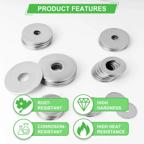 110 Pcs 304 Stainless Steel Metal Flat Washers for Screws and Bolts, Fender Washers Assortment Kit, features durability and resistance icons
