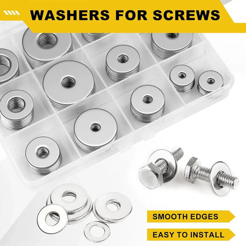 304 Stainless Flat And Fender Washers Set 108 Pcs 12 Sizes M3 To M12 in storage case with screws, showcasing smooth edges.
