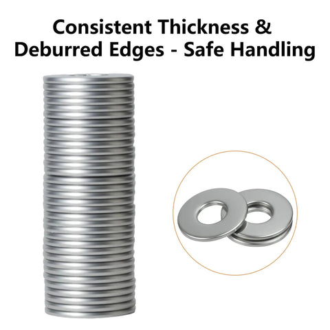Stack of 304 stainless steel pop rivet backup washers for 5mm rivets showing deburred edges for safe handling.
