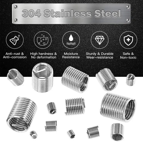 84 Piece 304 Stainless Steel Wire Thread Inserts Helicoil Type Screw Repair Sleeve Kit With M3 M4 M5 M6 M8 M10 M12 Sizes In A Grid Case For Strong Durable Thread Repair On Metal And Plastic Projects - various thread inserts displayed, highlighting anti-rust, hardness, and moisture resistance properties.