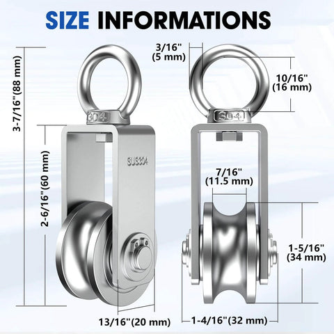 U Type Swivel Pulley Block, 304 Stainless Steel Pulleys for Wire Rope Cable Lifting, side view with dimensions displayed