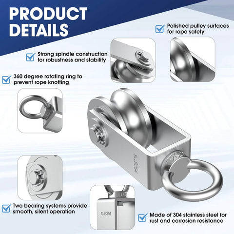 ✝️ U Type Swivel Pulley Block, 304 Stainless Steel Pulleys for Wire Rope Cable Lifting, DIY Gym Equipment Part showing product features