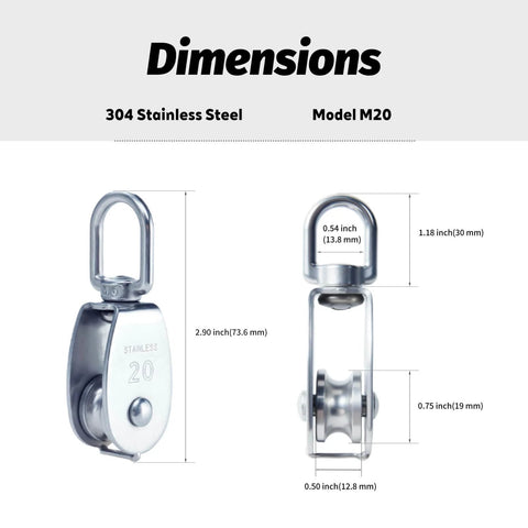 304 Stainless Steel Swivel Pulley Block M20 dimensions, front and side view with measurements, pack of 6 for lifting, hoist, marine use.