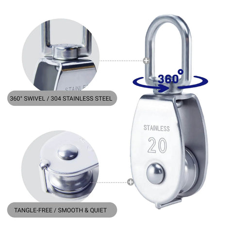 304 Stainless Steel Swivel Pulley Block M20, 3/4 in (0.75") Single Wheel with 360° rotation, shown in close-up, pack of 6