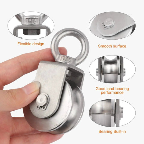Hand holding Swivel Pulley Block With Bearing Inside 304 Stainless Steel Heavy Duty Cable Wheel For Gym Pulley System 48mm 2 Pack