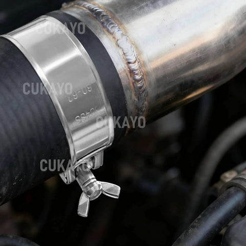 304 Stainless Steel T Bolt Hose Clamp With Handle For Intercooler Pipes And Tubes installed on pipe, close-up view