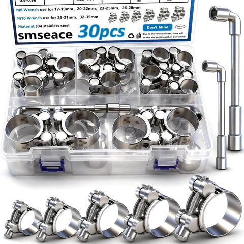 304 Stainless Steel T Bolt Hose Clamps Set 28 Piece Assortment Kit 17 To 35mm With Six Size Ranges and M8 M10 Wrenches visible in packaging