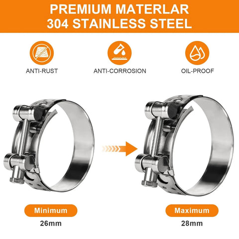 T Bolt Hose Clamps 304 Stainless Steel 26 to 28 Millimeter 4 Pack Heavy Duty Adjustable Clamp showing corrosion resistance