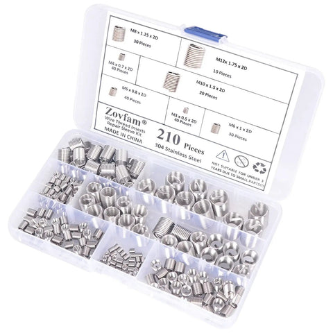 Pro Grade Wire Thread Inserts Kit In 304 Stainless Steel Assortment For Metric M3 Through M12 Sizes Helical Thread Repair Inserts 210 Pieces