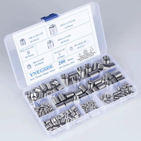 Open case showing Rugged 304 Stainless Steel Helical Thread Repair Kit With 200 Piece Assortment for M3-M12 metric inserts.
