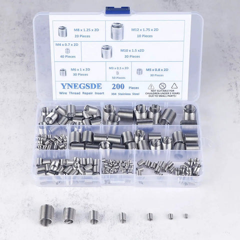 Rugged 304 Stainless Steel Helical Thread Repair Kit With 200 Piece Assortment for M3-M12 shown in open plastic case