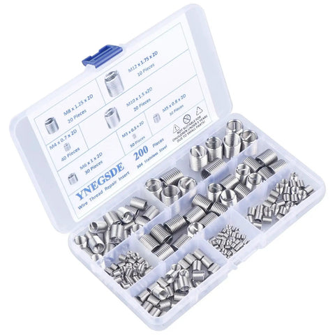 Rugged 304 Stainless Steel Helical Thread Repair Kit With 200 Piece Assortment For M3 M4 M5 M6 M8 M10 M12 in plastic case