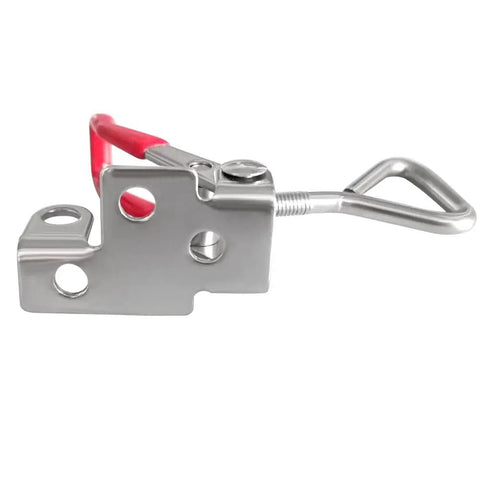 Side view of Toggle Latch Clamp 304 Stainless Steel Heavy Duty With Lock Hole Adjustable Hasp, corrosion resistant, with red handle.