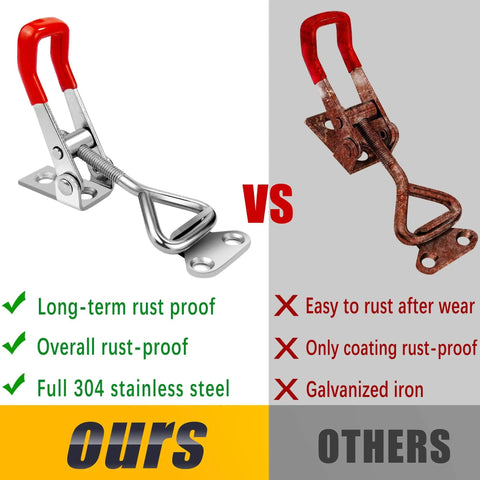 Durable 304 stainless steel toggle latch clamps offer secure, quick-release operation versus rusted galvanized iron toggle.