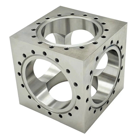 Pro Grade Six Way Vacuum Chamber Flange Cube Flange In 304 Stainless Steel With Sixteen M8 Bolt Holes And Six Channel Pipeline Connector