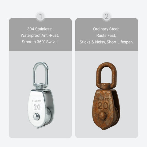 Comparison of 304 Stainless Steel Swivel Pulley Block M20 with ordinary steel pulley, showcasing rust resistance and swivel capability.