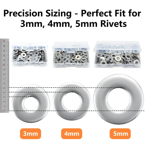 304 Stainless Steel Pop Rivet Backup Washers Kit With Storage Box For 5mm Rivets showing precision sizing for 3mm, 4mm, and 5mm rivets.
