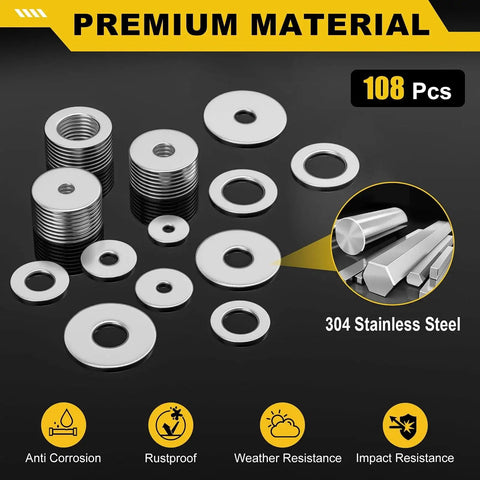 304 Stainless Flat And Fender Washers Set 108 Pcs 12 Sizes M3 To M12 displayed on black surface