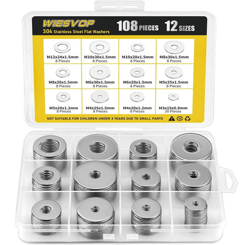 Open box of 304 Stainless Flat And Fender Washers Set 108 Pcs 12 Sizes M3 To M12 showcasing organized stack of washers.