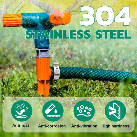 Hose with 304 stainless steel single ear clamp attached to a sprinkler, displaying anti-rust, anti-corrosion, and anti-vibration icons.