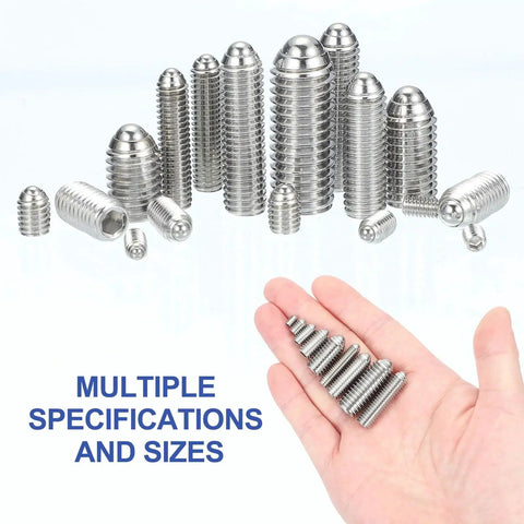 Assorted sizes of M6x16mm Ball Point Set Screws 10 Pcs 304 Stainless Steel Hex Socket Spring Ball Point Grub Screws in hand, text reads 'Multiple Specifications and Sizes'