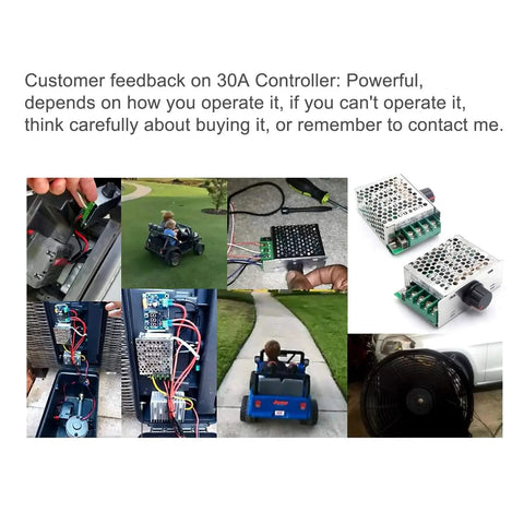 Collage showing 7-70V PWM DC Motor Speed Controller 30A - Low Heat Aluminum Housing for Brushed DC Motors, DIY Projects & Small Electric Devices.