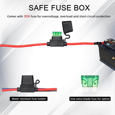 Heavy Duty 12V Fuel Pump Relay Kit With 60 Amp Waterproof Relay, showing fuse box with 30A fuse, water-resistant holder, and spare fuse.