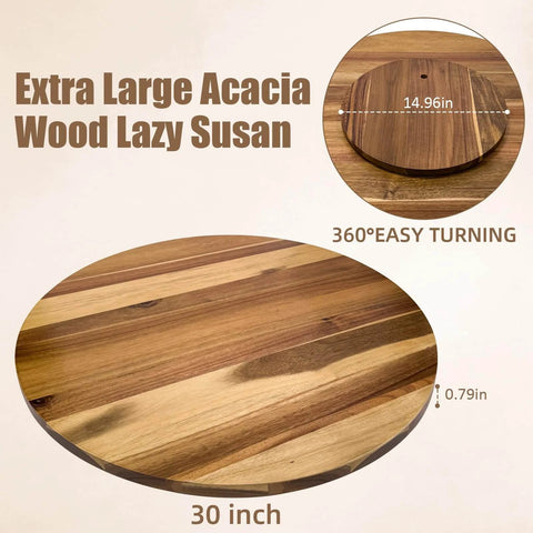 30 Inch Acacia Wood Lazy Susan Turntable with smooth 360 rotation, showing extra large wooden serving tray and heavy duty rotating wheel