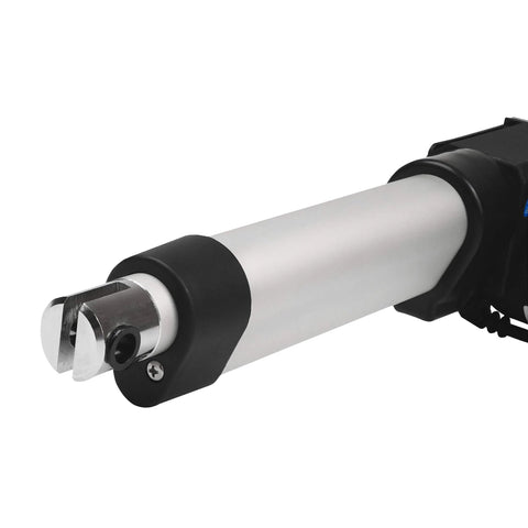 30 Inch Stroke Electric Linear Actuator, 100 lbs Force, IP66 Water Resistance, showing close-up of actuator rod and mounting bracket.