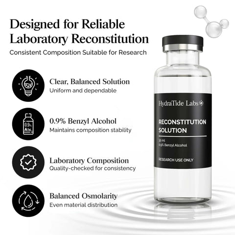 Two Pack 30 mL Glass Reconstitution Vials With Deionized Water And 0.9 Percent Benzyl Alcohol For Research Use with solution details