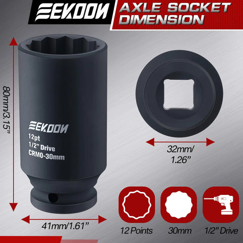 30Mm 12 Point Axle Nut Socket For One Half Inch Drive CrMo Steel Deep Well Hub Release Tool Spindle Nut Socket For Removing Axle Shaft Nuts Universal Fit For Front And Rear Wheel Drive Vehicles Compatible With Impact Wrench; socket dimensions and features displayed.