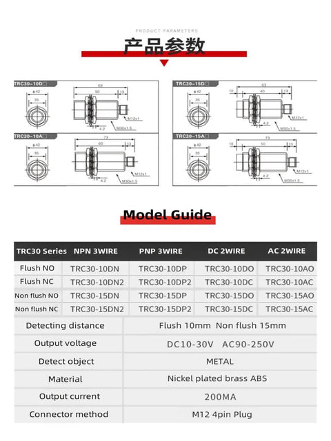 Technical diagram and model guide for 30 Mm Inductive Proximity Sensor with Eddy Current Switch for Metal Detection, TRC30-10DN2 model.