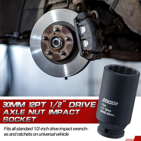 30Mm 12 Point Axle Nut Socket For One Half Inch Drive CrMo Steel Deep Well Hub Release Tool Spindle Nut Socket For Removing Axle Shaft Nuts Universal Fit For Front And Rear Wheel Drive Vehicles Compatible With Impact Wrench shown next to vehicle brake disc.