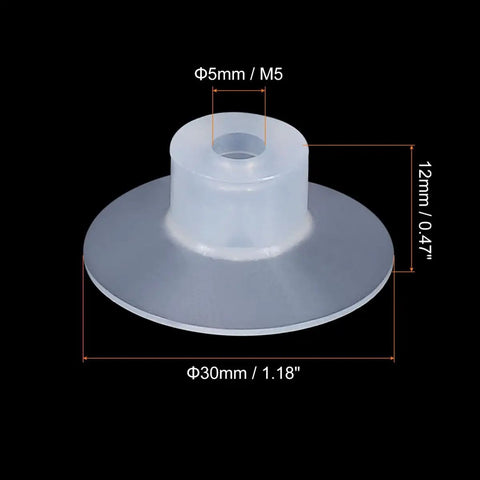 Heavy Duty 30mm Vacuum Suction Cups With M5 Thread Silicone Rubber on black background, showing dimensions