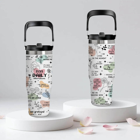 Front and side view of 30 Oz Mom Tumbler With Handle Stainless Steel Insulated Travel Cup With Straw Gift From Daughter