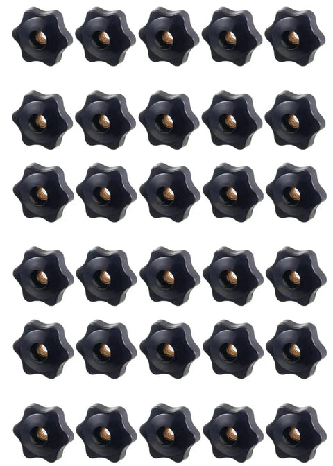 30 Pcs 1/4-20 Star Knobs for T Track Hex Star Thread Nut Set, black plastic bodies with brass inserts, woodworking fixtures.