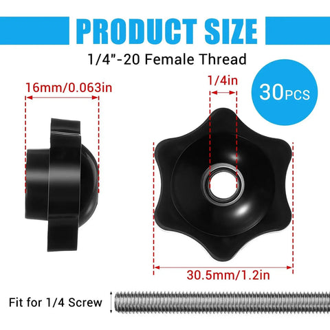 30 Pcs 1/4-20 Star Knobs With Hexagon Head Through Hole Clamping Knobs Black Nylon Screw On Through Threaded Knob Nuts Size Details