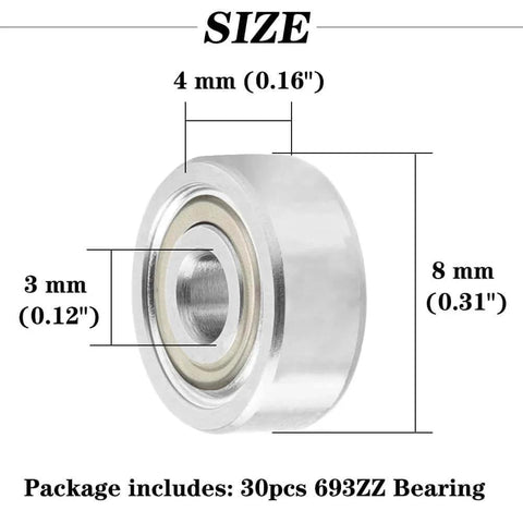 Product image of 693ZZ sealed ball bearing, size 3mm x 8mm x 4mm, high-speed double shield bearing, miniature carbon steel, 30Pcs.