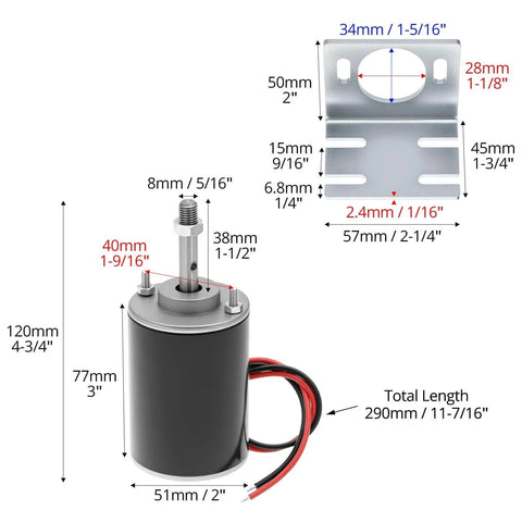 30W Permanent Magnet DC Motor 12V/24V Mini Brushed Motor, 3500/7000 RPM Reversible CW/CCW, 43mm Output Shaft with Mounting Bracket