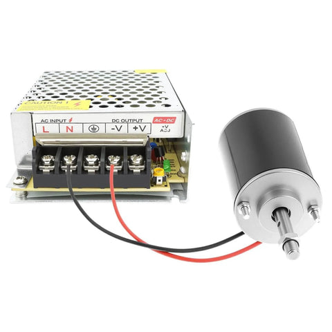 30W Permanent Magnet DC Motor 12V/24V Mini Brushed Motor with power supply, 43mm output shaft, wiring visible