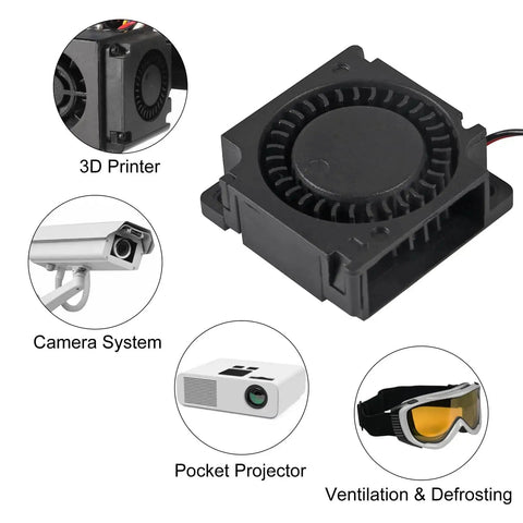 6 Pack 3010 30x30x10mm Brushless DC Cooling Fans next to icons for 3D Printer, Camera System, Pocket Projector, Ventilation & Defrosting