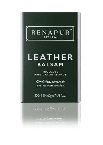 Leather Balsam Premium Leather Conditioner For Furniture Footwear Purses Bags Car Interiors Bikes Saddlery Restores Color Moisturizes Protects Leather 200 Ml Tub By Renapur, displayed in a green tub with applicator sponge.