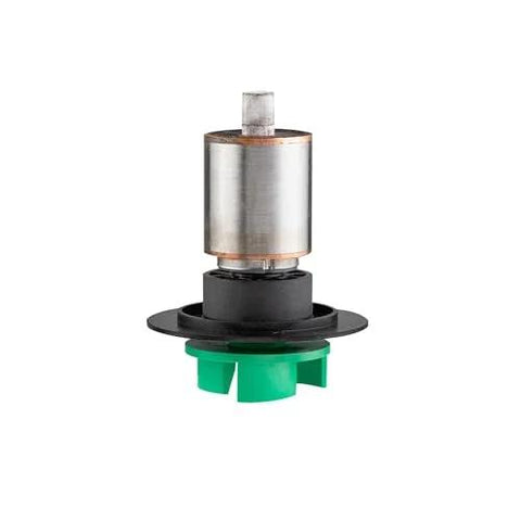 Submersible water pump component with green impeller, black mounting flange, and metal motor housing
