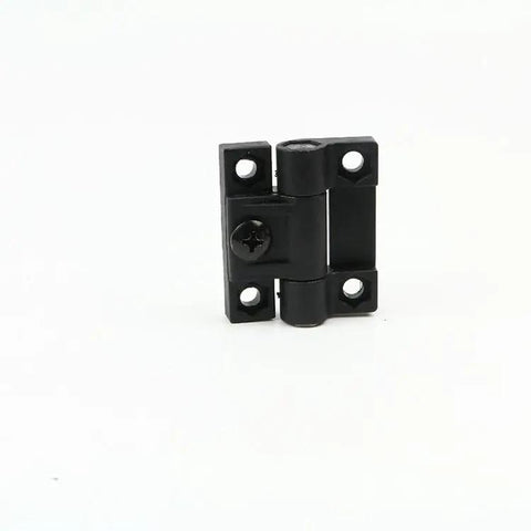 Front view of black plastic door hinge for electric cabinets with torque position control friction hinge and adjustable screw.