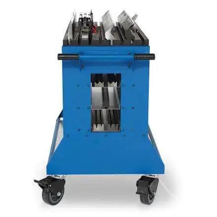 Front view of blue Press Brake Change Over Cart For European Style Tooling VT 36500 with beefed-up base and ergonomic handle.
